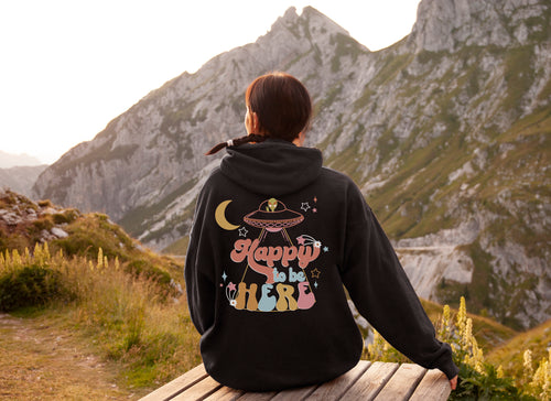 Boho Happy To Be Here Graphic on Black Hoodie
